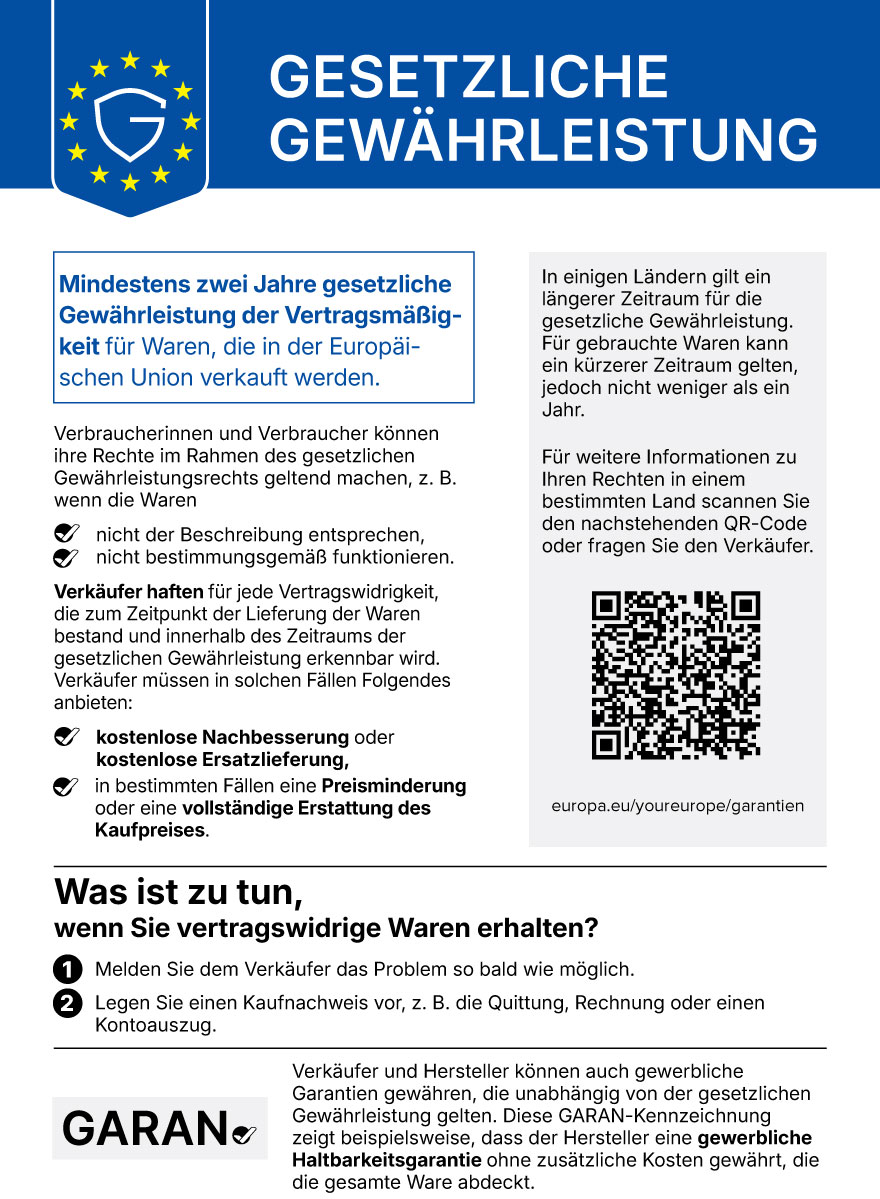 Offizielles EU-Gewährleistungslabel mit Informationen zum gesetzlichen Gewährleistungsrecht und QR-Code
