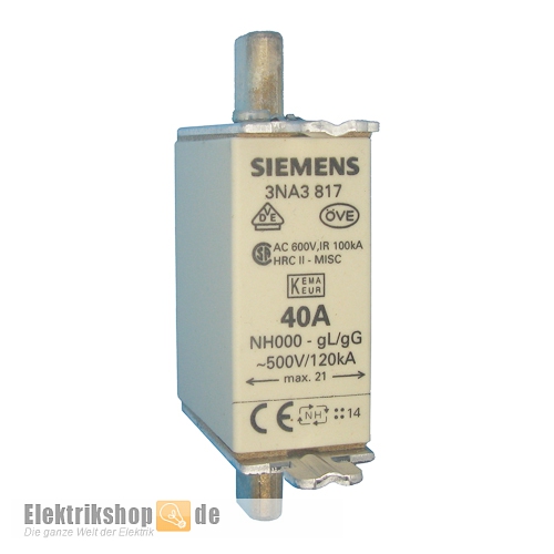 NH-Sicherung 40A Gr. 000 (00) Stirnkennmelder 3NA3817 Siemens