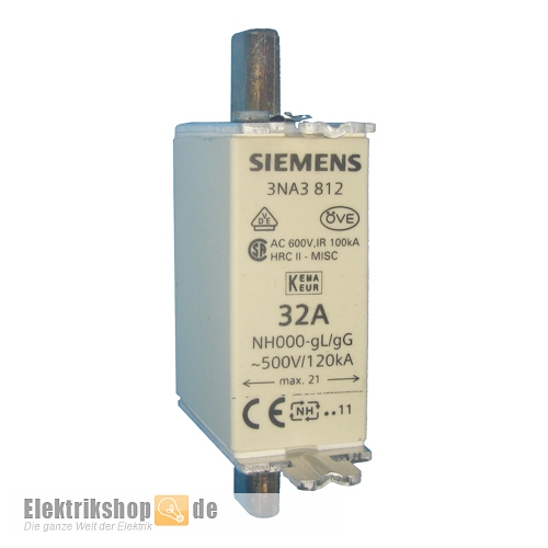 NH-Sicherung 32A Gr. 000 (00) Stirnkennmelder 3NA3812 Siemens