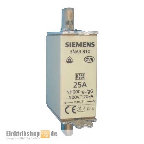 NH-Sicherung 25A Gr. 000 (00) Stirnkennmelder 3NA3810 Siemens