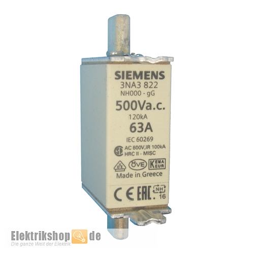 NH-Sicherung 63A Gr. 000 (00) Stirnkennmelder 3NA3822 Siemens