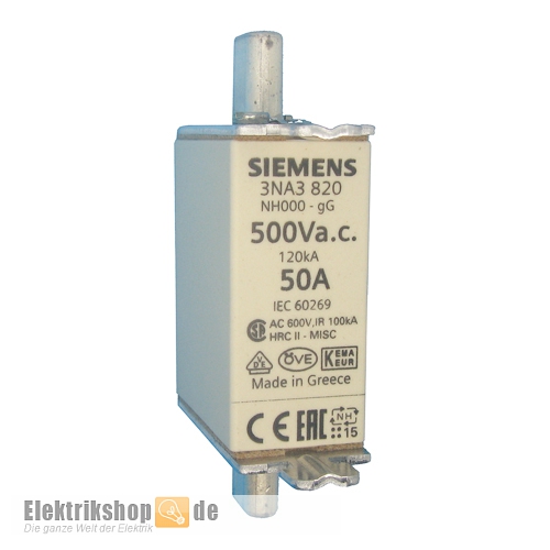 NH-Sicherung 50A Gr. 000 (00) Stirnkennmelder 3NA3820 Siemens