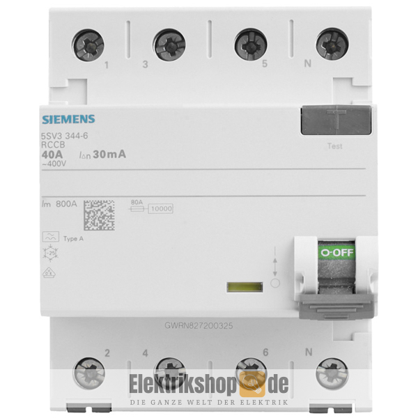 Rcd 40a 30ma 4 Polig SIEMENS FI-Schutzschalter (5SV34446) – 4-polig, 40A, 30mA, Für DIN-Schiene RCD 300mA