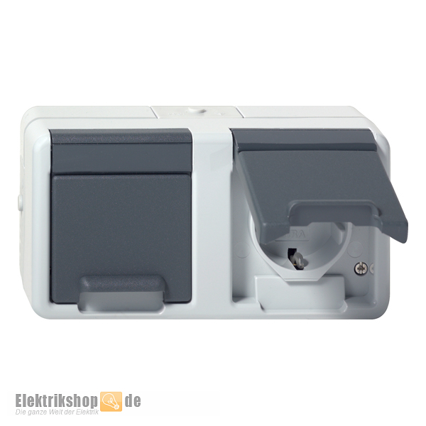 Schuko-Steckdose 2-fach waagerecht Aufputz IP44 grau 078130 Gira