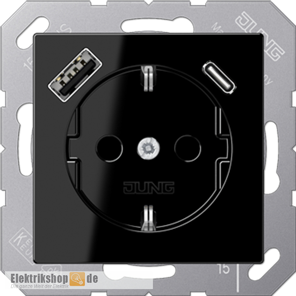 Schuko-Steckdose mit USB Typ AC schwarz gl A 1520-15 CA SW Jung