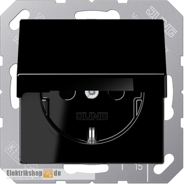 Schuko-Steckdose mit Klappdeckel schwarz gl A 1520 KL SW Jung